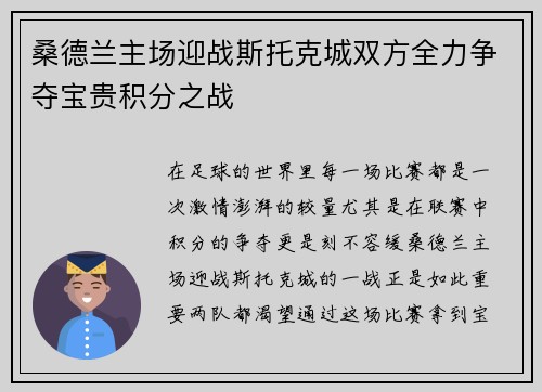 桑德兰主场迎战斯托克城双方全力争夺宝贵积分之战 桑德兰主场迎战斯托克城双方全力争夺宝贵积分之战